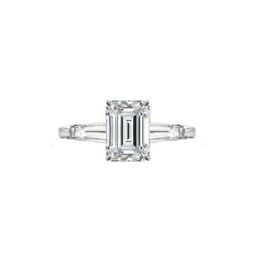 1.30 Carat Emerald Diamond & Baguette Three Stone Ring