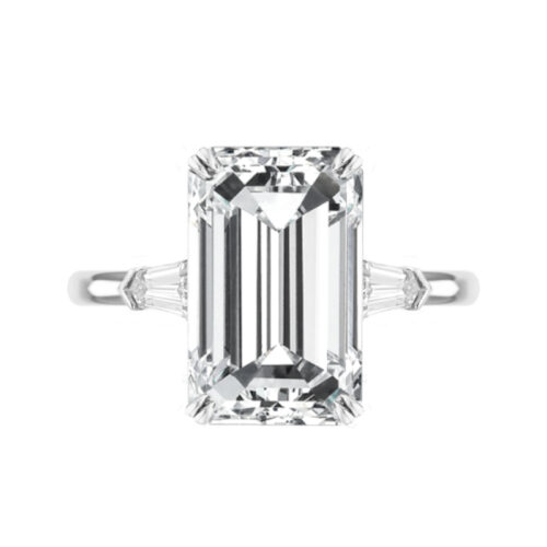10 Carat Emerald Moissanite & Bullet Diamond Three Stone Ring
