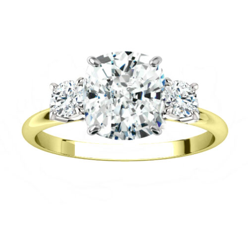 2.80 Carat Elongated Cushion Moissanite & Diamond Three Stone Trellis Ring 14k Yellow Gold