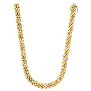 Solid 14k Yellow Gold Curb 33.00 Carat Diamond Pave Necklace (15mm)