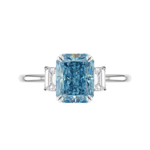 2 Carat Blue Radiant Lab Grown Diamond Three Stone Solitaire Ring