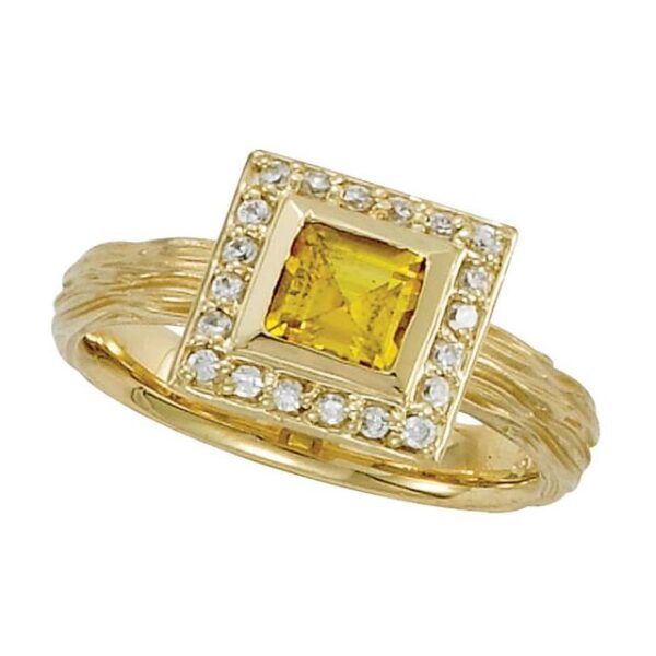 6mm Princess Yellow Sapphire & Diamond Halo Twig Ring