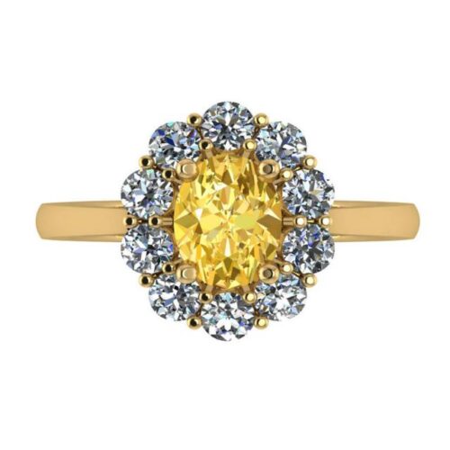1.50 Carat Oval Fancy Intense Yellow Diamond & Halo Flower Ring