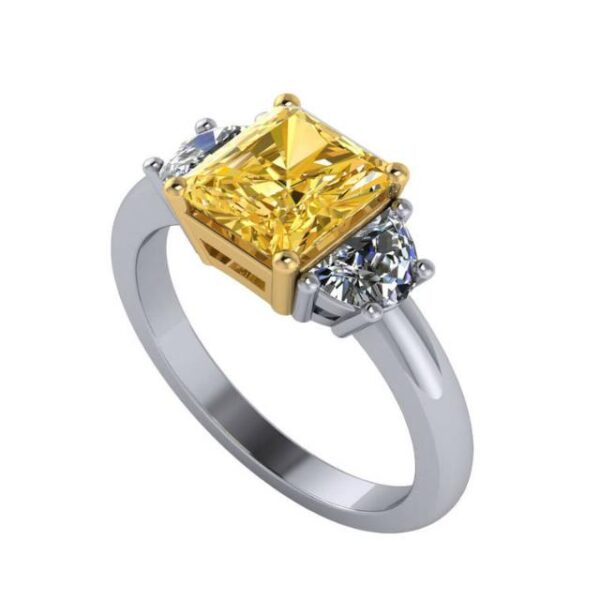 2.00 Carat Radiant Fancy Intense Yellow Diamond & Half Moon Diamond Three Stone Ring