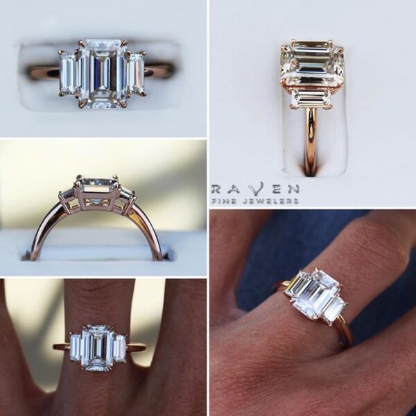 3 Carat Emerald Moissanite & Vertical Diamond Baguette Ring