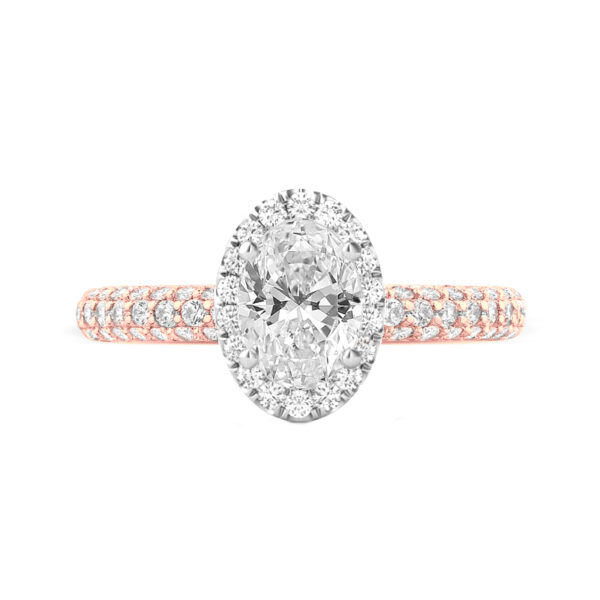 3 ct Oval Moissanite & Double Edge Halo Three Row Pave Ring