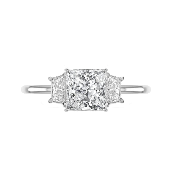 3 Carat Princess Moissanite & Trapezoid Diamond Solitaire Ring