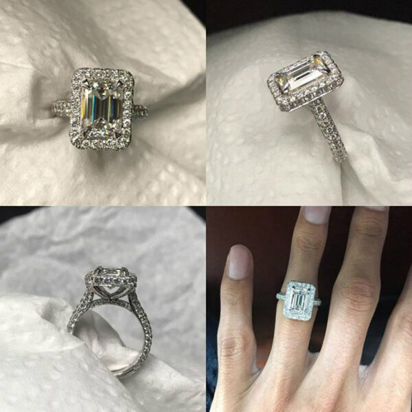 3 Carat Emerald Diamond & Wide Double Edge Halo Three Row Ring