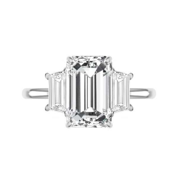 5 Carat Emerald Moissanite & Trapezoid Diamond Solitaire Ring