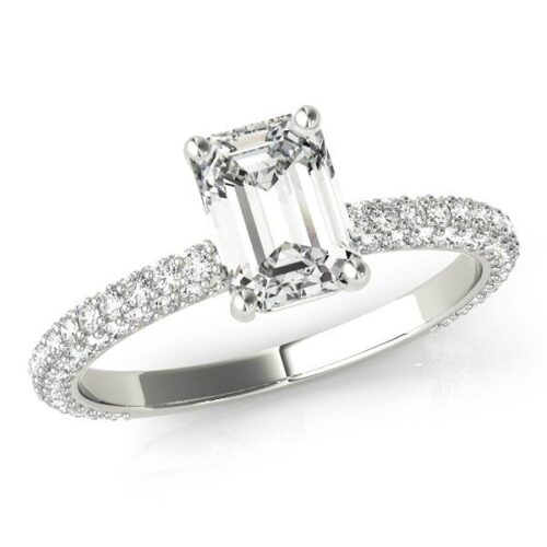 1.00 Carat Emerald Diamond & Three Row Pave Ring