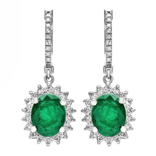 Oval Green Emerald & Diamond Dangle Earrings