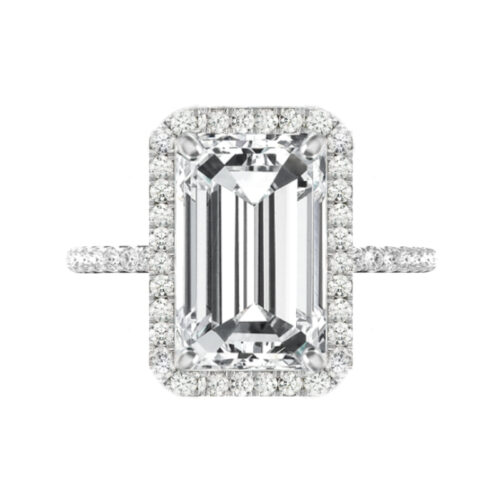 7 Carat Emerald Cut Moissanite & Diamond Halo Pave Ring