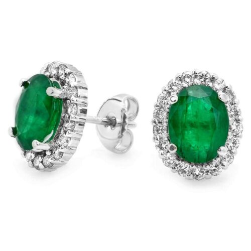 3.10 CT Emerald & Diamond Halo Stud Earrings