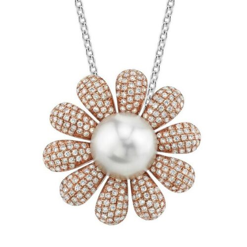 Pearl & Diamond Flower Pendant 18k Rose Gold