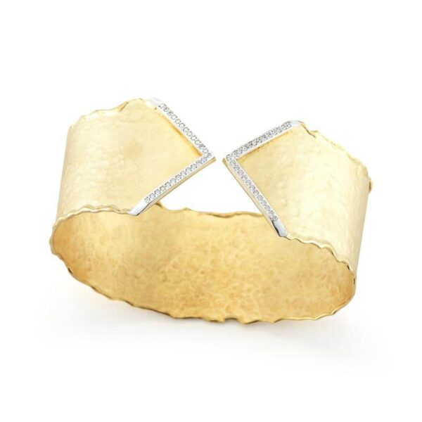 14k Yellow Gold Matte & Hammered Finish Diamond Cuff