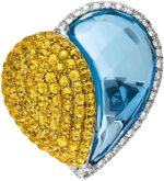 Yellow Sapphire, Blue Topaz & Diamond Heart Ring