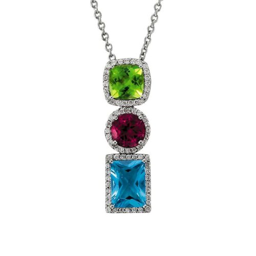 Green Peridot, Blue Topaz, Pink Tourmaline & Diamond Pendant