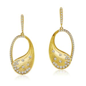 14K Yellow Brushed Gold Oval Diamond Fashion Earrings