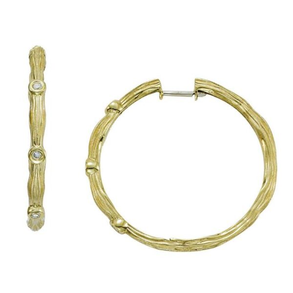 Diamond Bezel Tree Twig Hoop Earrings 14k Yellow Gold