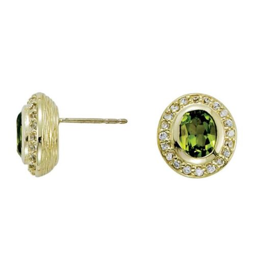 7x5mm Oval Green Peridot & Diamond Halo Stud Earrings