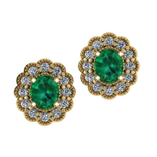 Oval Emerald & Diamond Scalloped Halo Stud Earrings
