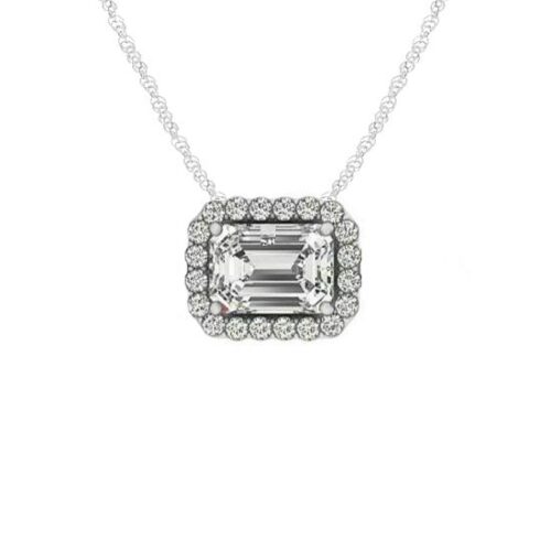 1.00 Carat Emerald Forever One Moissanite & Diamond Halo East-West Pendant Necklace