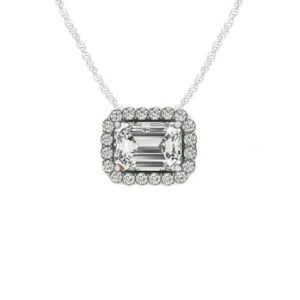 1.00 Carat Emerald Diamond & Halo Horizontal Pendant Necklace