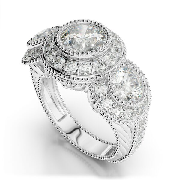 1 Carat Round Diamond Three Stone Halo Engagement Ring