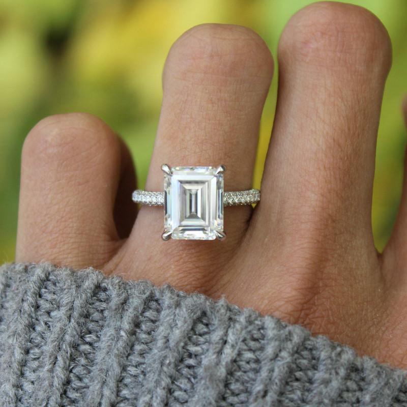 5 Carat Emerald Moissanite & Diamond Three Row Pave Engagement Ring