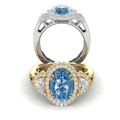 3 Carat Oval Aquamarine & Diamond Half Moon Ring