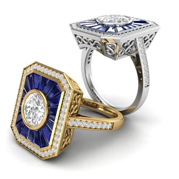 8mm Round Bezel Sapphire & Diamond Halo Ring