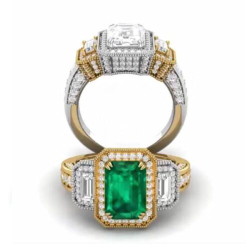 3.50 Carat Green Emerald & Diamond Three Stone Pave Ring