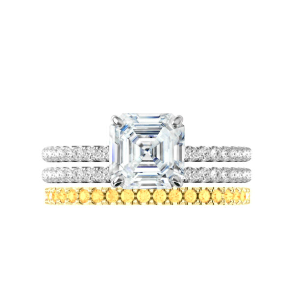 2.25 ct Asscher Supernova Moissanite & Diamond Halo Ring with White & Yellow Diamond Stackable Bands