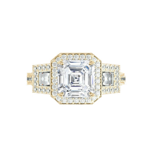 2 Carat Asscher Moissanite & Trapezoid Diamond Halo Vintage Ring