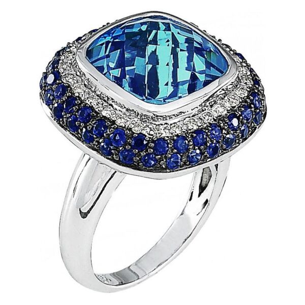 8 Carat Cushion Swiss Blue Topaz, Blue Sapphire & Diamond Fashion Ring