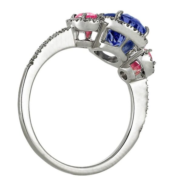 3 Carat Tanzanite, Pink Sapphire & Diamond Halo Three Stone Ring