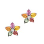Rainbow Sapphire & Diamond Flower Stud Earrings
