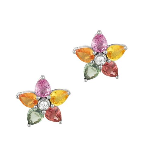 Rainbow Sapphire & Diamond Flower Stud Earrings