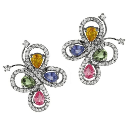 Rainbow Sapphire & Diamond Butterfly Earrings