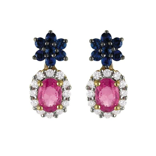 6x4mm Pink Sapphire, Blue Sapphire & Diamond Halo Earrings