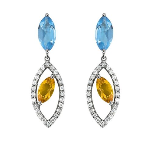 Marquise Swiss Blue Topaz, Citrine & Diamond Earrings