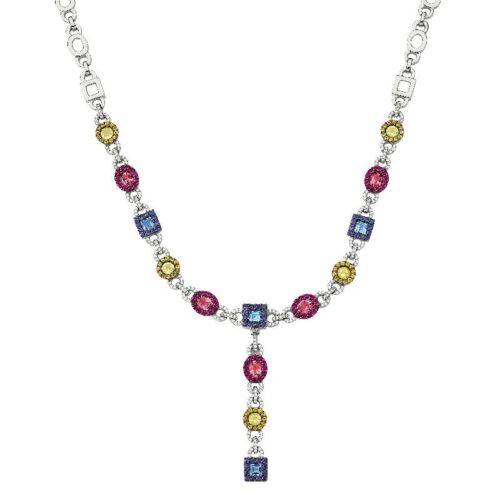 Yellow Sapphire, Pink Tourmaline, Blue Sapphire, Blue Topaz & Diamond Link Statement Necklace
