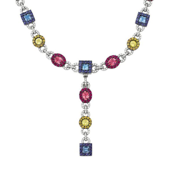 Yellow Sapphire, Pink Tourmaline, Blue Sapphire, Blue Topaz & Diamond Link Statement Necklace