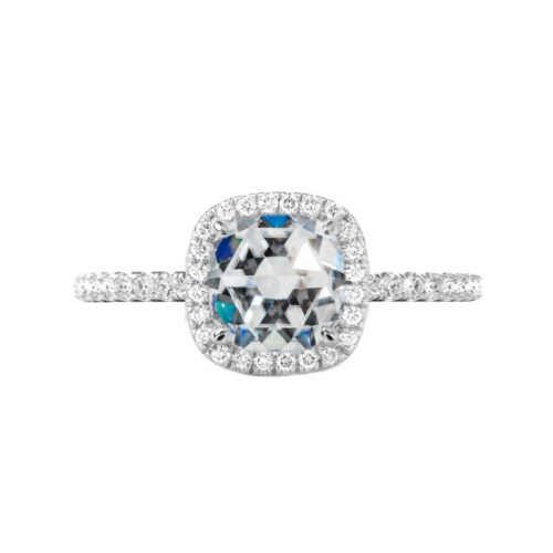 1.70 Carat Cushion Rose Cut Moissanite & Diamond Halo Engagement Ring