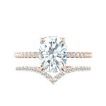 5 Carat Elongated Cushion Moissanite, Diamond Hidden Halo Ring & V Shaped Diamond Band