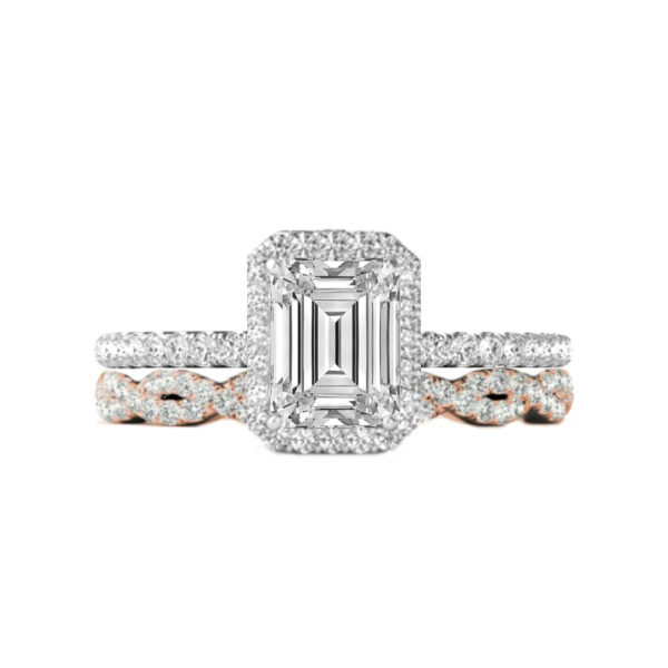 1.50 Carat Emerald Cut Forever One Moissanite & Diamond Halo Ring and Rose Gold Diamond Infinity Eternity Band