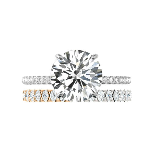 3.50 Carat Forever One Moissanite & Diamond Hidden Halo Ring with Two Tone Diamond Eternity Band