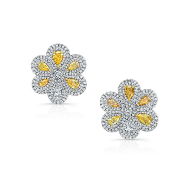 Yellow Pear Diamond & Halo Flower Earrings