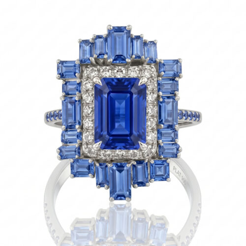 3 Carat Emerald Blue Sapphire Oceanic Mosaic Ring