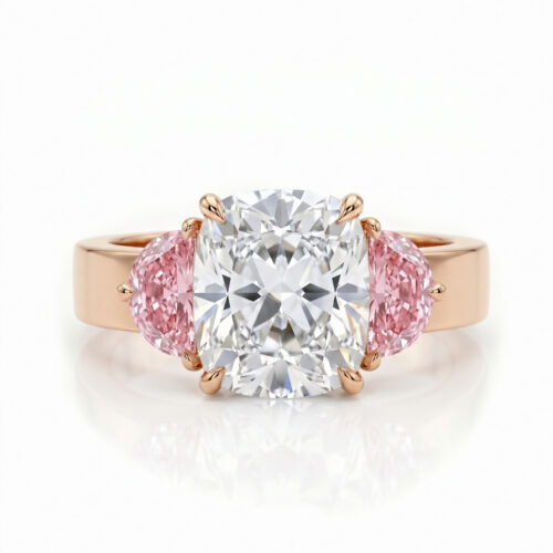 3 Carat Cushion Lab Diamond & Pink Half Moon Diamond Trio Ring